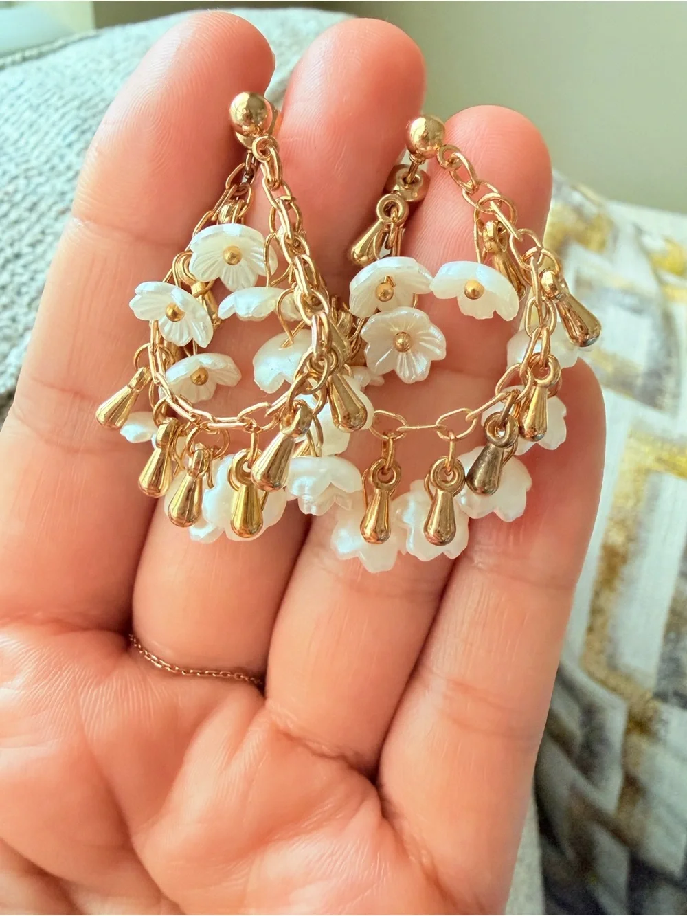Gold pearl flower Earrings with Cream Floral Charms - Picture 3 of 5